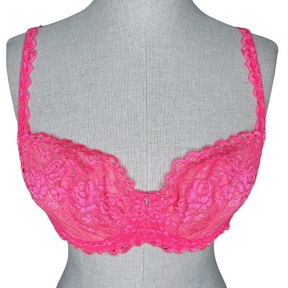 Victoria's Secret Unlined Demi Bra sz 34C * Hot Pink Lace Floral Scallop Mesh - Picture 1 of 6